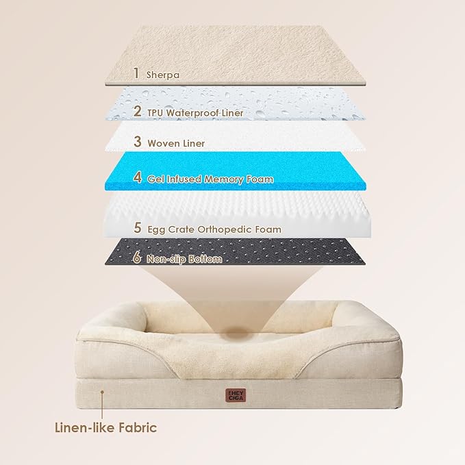 EHEYCIGA Orthopedic Dog Bed for Medium Dog, 35x22x6.5 Inch Memory Foam Dog Couch Bed with Sides, Waterproof Liner & Washable Removable Cover, Bolster Pet Sofa, Beige