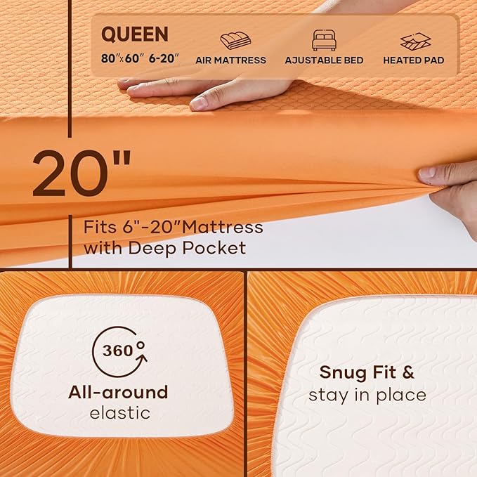 OhGeni 100% Waterproof Mattress Protector,Queen Size Mattress Soft Pad,Pet Hair & Bedwetting Resistant,Cooling Breathable Fitted Sheets,Washable Bed Cover,Non-Slip Deep Pocket,Noiseless,Orange