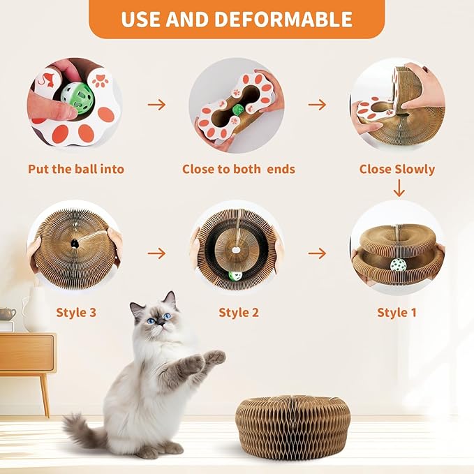 Collapsible Cats Cardboard Scratcher, Interactive Cat Toys for Indoor Cats, Scratch Pad Shape Shifting Ball Track with Bell, Magic Organ Cat Toy for Chase & Scratch Easter Toys Gift for Kitties Paw