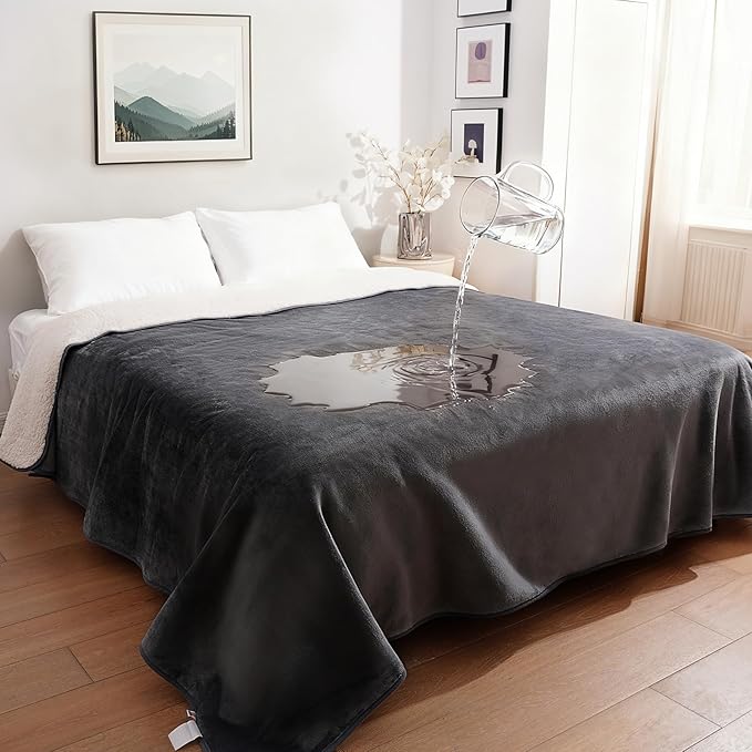 Sunheir Waterproof Blanket for King Size Bed, 108"x86" Reversible Soft Sherpa Fleece Flannel Throw, Leakproof Spill-Proof Dog Pet Blanket, Furniture & Sofa Protector, Camping, Travel, Grey