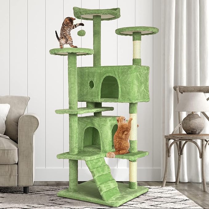 54” Cat Tree Tower for Indoor Cats - Multi-Level Playhouse with Sisal Scratching Posts, Condo, Perch & Hanging Toy - Tall Cat Furniture Activity Center (Green)