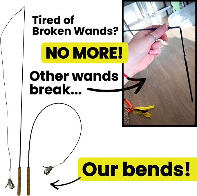 Forever Stick with 9 Feather Toy Lures - The Unbreakable Cat Wand Toy, Extra Long Durable Cat String Toy for Indoor Cats, Bored Indoor Adult Cats, Natural Feather Attachment Toy Lures Refill