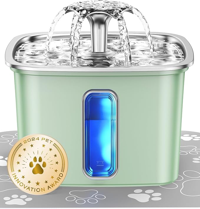 Veken Innovation Award Winner Stainless Steel Cat Water Fountain, 108oz/3.2L Automatic Pet Fountain Dog Water Dispenser with Replacement Filters & Silicone Mat for Cats, Dogs (Tea Green)