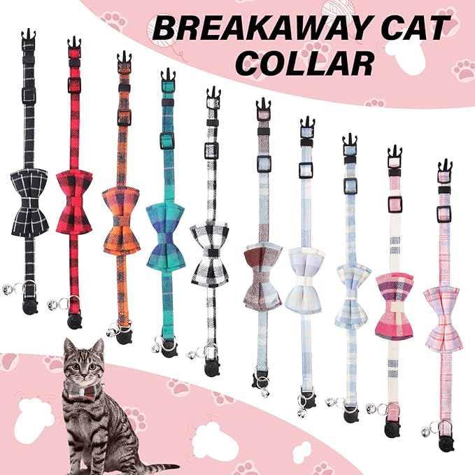 10 Pcs Cat Collar Breakaway with Bow Tie and Bell Kitten Collars Removable Bowtie Plaid Cat Collar for Cats Kittens Puppy (Fashion)