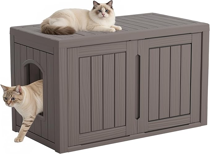 Cat Litter Box Enclosure, Multi-Functional Hidden Enclosed Litter Box Furniture with Adjustable Partition, Indoor Outdoor Cat House Weatherproof, Side Table, Easy to Clean & Assemble, Gray