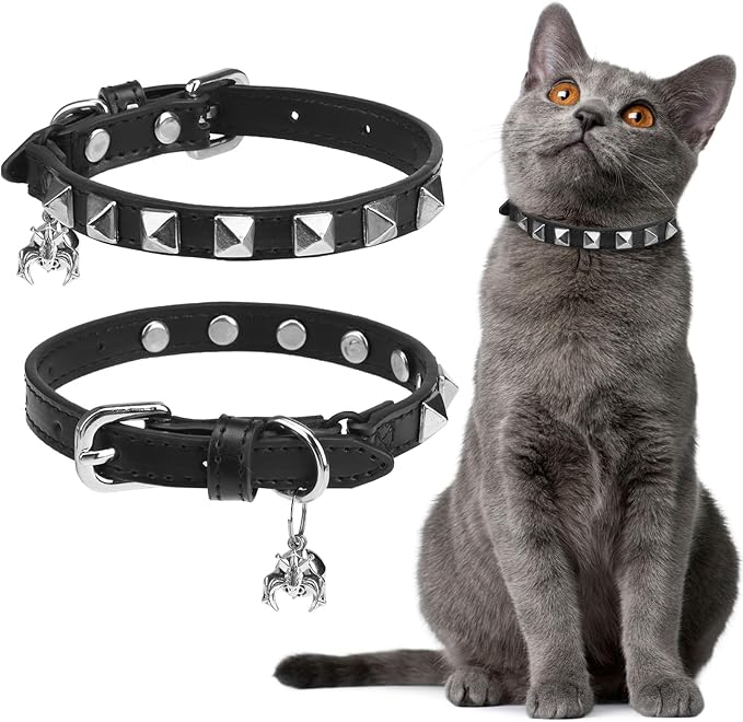 EXPAWLORER Leather Cat Collar - Adjustable Pet Collar with Rivet Spike for Girl Boy Cats, Punk Accessories with Bell & Durable D-Ring,Silver Square Nails, S