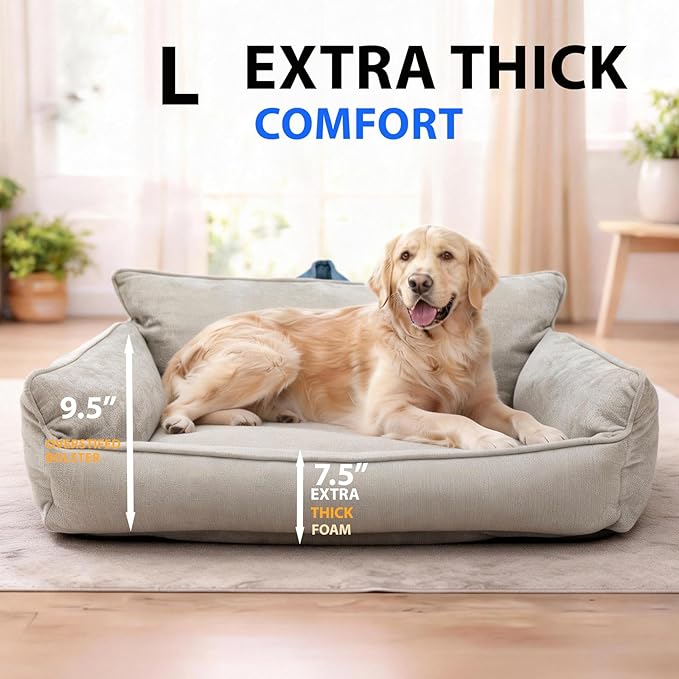 Orthopedic Dog Bed with Memory Foam, Washable Plush Pet Bed for Small, Medium & Large Dogs, Cozy Bolster Crate Dog Bed for Joint Support & Comfort. (Light Grey)