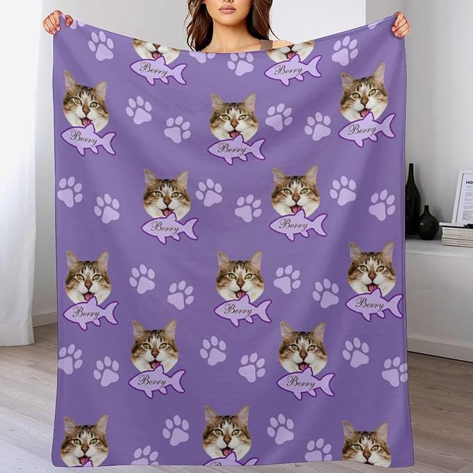 Personalized Paw Print Dog Blanket with Pet Name Face-Custom Puppy Blankets with Picture for Dogs-Customized Dog Memorial Throw Fleece Blanket-Loss of Pets Supplies Sympathy Gift for Bed Sofa Travel