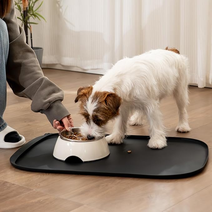 Silicone Dog Food Mat with Side Pocket & Hook Hole, Soft Raised Edges, Easy Clean Waterproof Non-Slip Pet Feeding Mat for Cats and Dogs Water Bowl, Pets Accessories(18"x12",Black)
