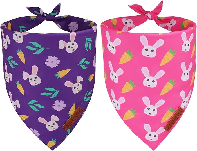 ADOGGYGO Easter Dog Bandana 2 Pack, Bunny Carrot Print Triangle Pet Scarf, Premium Fabric, Reversible Purple Pink Easter Bandana for Small Dogs (Small)