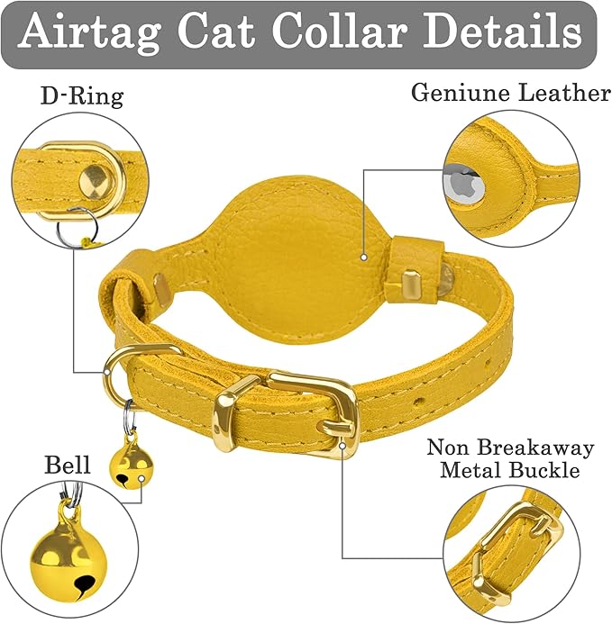 OOPSDOGGY Leather AirTag Cat Collar with Bell - Non Breakaway Kitten Collar with Apple Air Tag Holder - Lightweight GPS Pet Collars for Girl Boy Cats, Small Dogs, Puppies (Yellow)