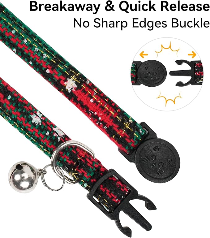 Joytale Upgraded Christmas Cat Collar with Bells, Breakaway Cat Collars with Bow Tie, 1 Pack Girl Boy Safety Plaid Kitten Collars, Christmas Green