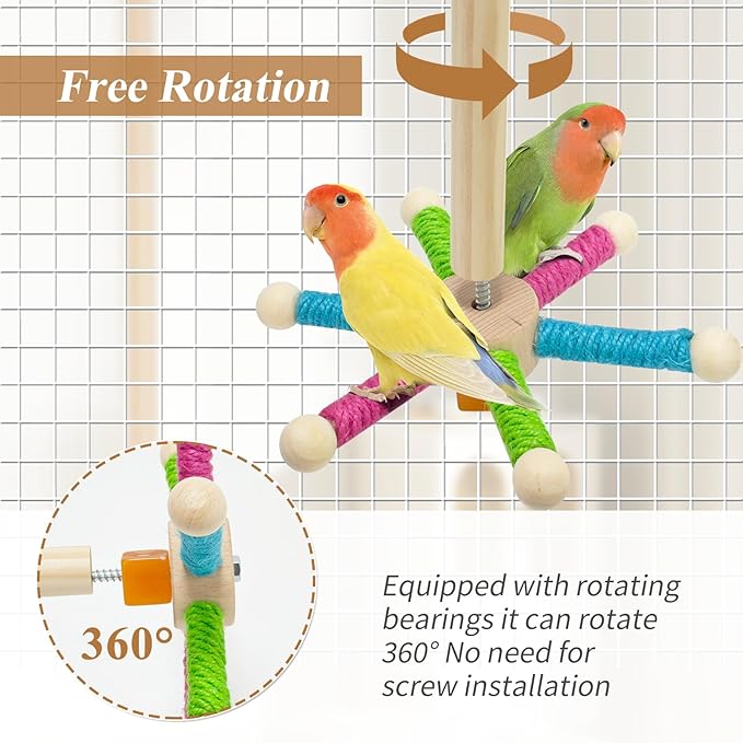 Bird Perch Toy for Cage,Spinning Windmill Bird Perch Toy,360° Rotating Chewable Stand with Grinding Sticks,Interactive Cage/Tabletop Training Toy for Parakeets,Cockatiels,Lovebirds (Mixcolor, Round)