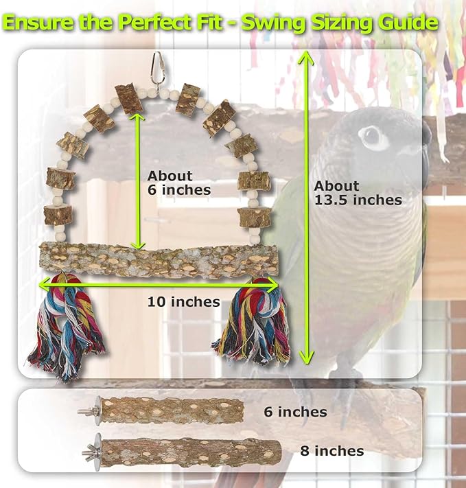 Bird Perch Swing, Large Natural Wood Parrot Toys, 1PC Parrot Swing and 2PCS Perches, Bird Cage Accessories