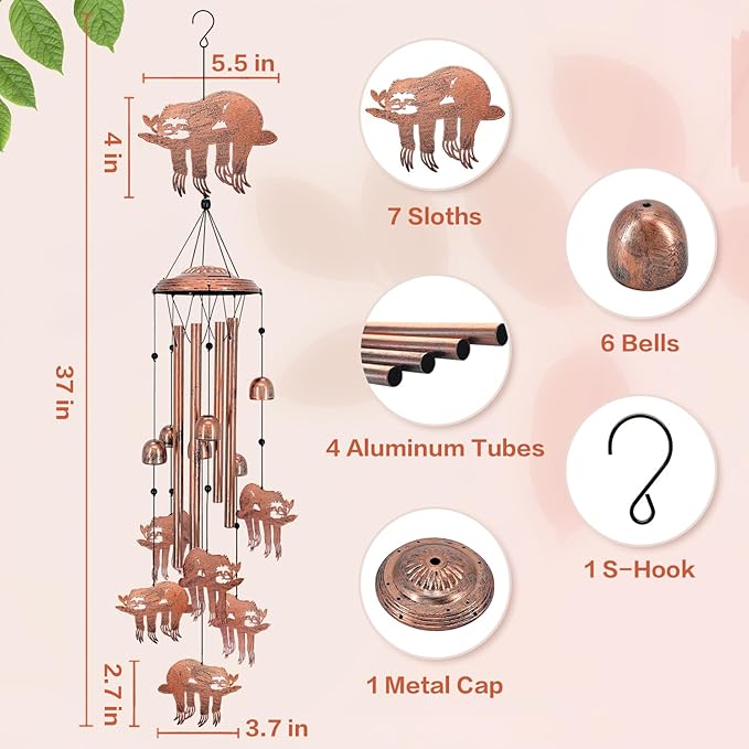 Sloth Wind Chimes for Outside,Sloth Gifts for Women/Men/Sympathy Gift/Memorial Gifts/Birthday Festival Metal windchimes Outdoors/Indoors,Patio Decor,Garden Decor,Home,Yard