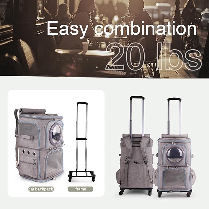 2-in-1 Pet Carrier Backpack for Two Cats or One Dog with Puller & Roller, Grey 2-Layer Dual Cabins Carry Bag for Large Fat Cat and Puppy Traveling and Hiking, Space Capsule Clear Bubble Dome