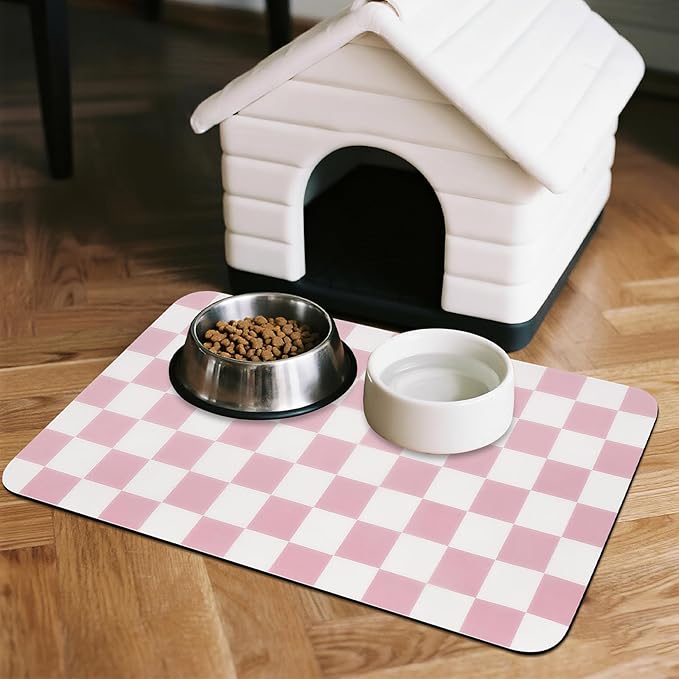 Checkered Dog Food Mat, Absorbent Leak-Proof Pet Feeding Mat, Quick Dry Cat Food Mat for Messy Drinkers 16" x 24" Pink