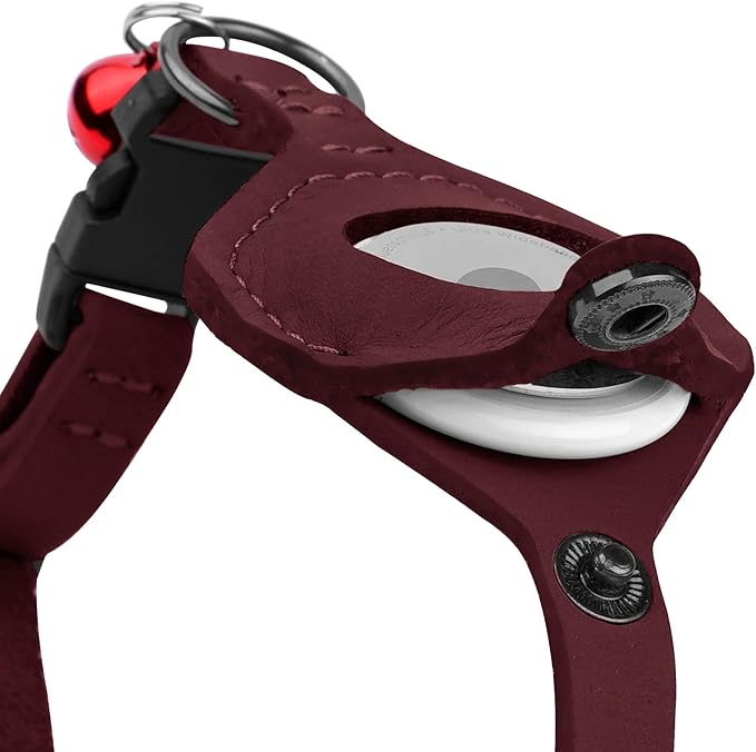 Breakaway Airtag Cat Collar with Removable Bell - Leather Pet Collar with Apple Air Tag Holder - Adjustable GPS Collars for Girl Boy Cats Kitten Puppy - Lightweight, Cute and Comfortable (Burgundy)