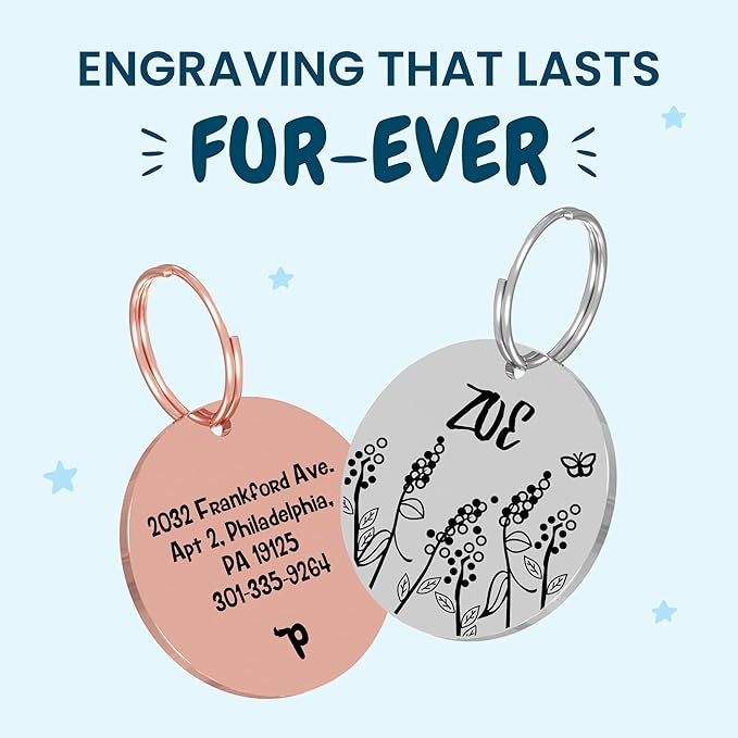 PawFurEver Custom Engraved Pet ID Tag – Personalized Dog Name Tag for Dogs and Cats, Stainless Steel Collar Accessory with Cute Designs for pet Name Tags (Circle, Silver)