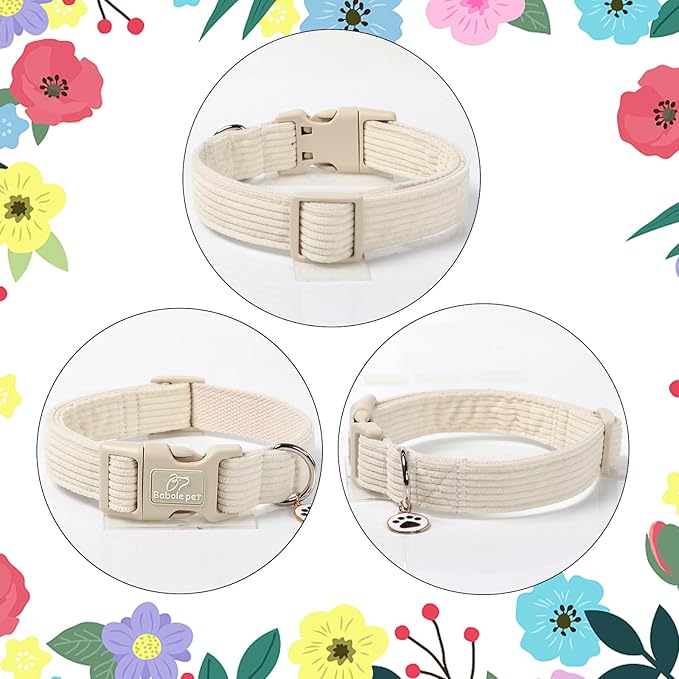 Cute Corduroy Dog Collar - White Adjustable Dog Collars for X-Small Dogs 4-10lbs, Fade-Proof with Secure Snap & Little Charm, Christmas Birthday Gift, XS