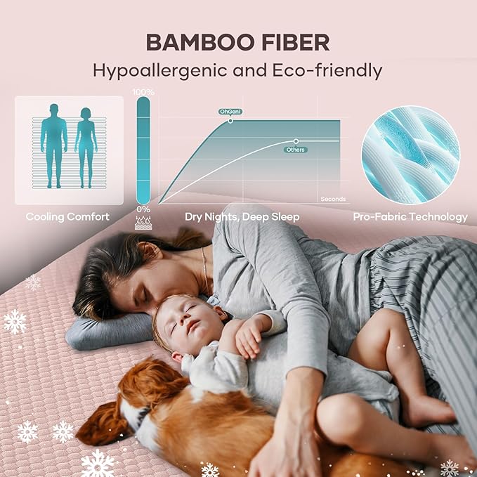 OhGeni 100% Waterproof Mattress Protector,Queen Size Mattress Soft Pad,Pet Hair & Bedwetting Resistant,Cooling Breathable Fitted Sheets,Washable Bed Cover,Non-Slip Deep Pocket,Noiseless,Pink