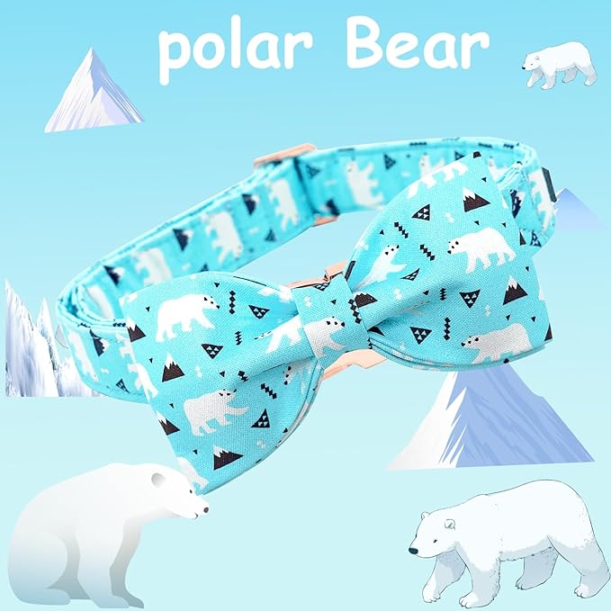 Dog Collar, Bow Collar Blue Bear Pattern Pet Collar Cute Bow Tie Soft Girl Boy Dog Collars with Metal Buckle for Medium Dogs