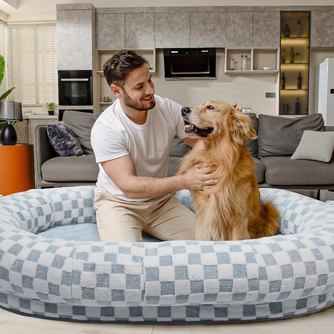 Extra Large Human Dog Bed for Adults, 74"x50"x12", Waterproof Machine Washable with Anti-Slip Bottom, Plush Pet Bed for People, Funny Gift for Dog Lovers & Parties, Blue Grid