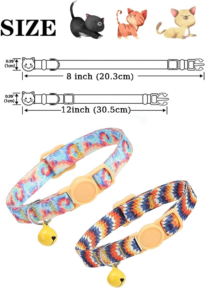 SOLMOONY Cute Cat Collar for Girl Boy,Colorful Breakaway Cat Collars with Bell 2 Pack，Adjustable Printed Nylon with Safety Buckles Kitten Collar (Coloured Drawing)