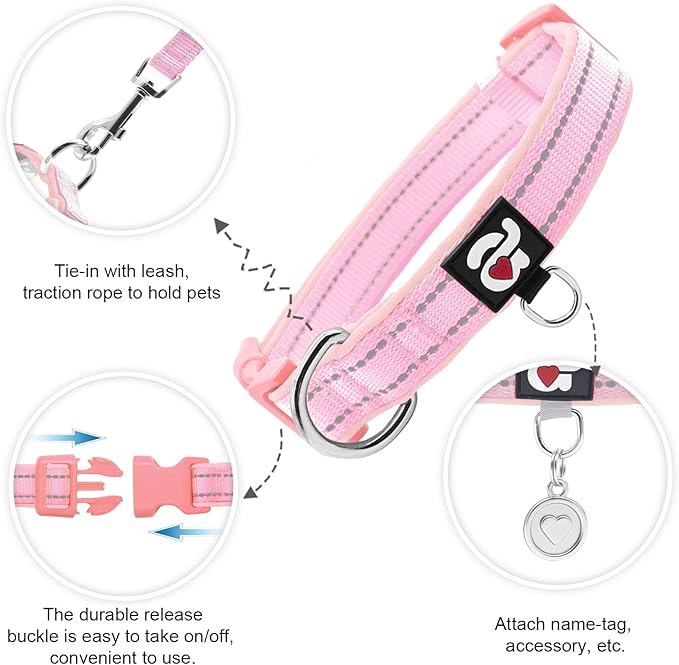 azuza Reflective Dog Collar,Soft Neoprene Padded Pet Collar with ID Tag Ring,Adjustable for Large Dogs,Pink,L