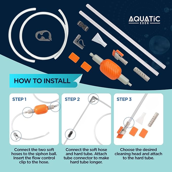 Aquarium Siphon Vacuum & Water Changer Kit with Multi-Head Attachments | Includes Gravel Cleaner, Debris Filter, Brush and Sponge for Effortless Cleaning & Water Changes | Ideal for Tanks Up to 10 Gal