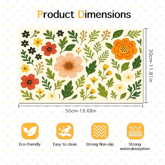 Trendy Flower Pattern Pet Feeding Mat Spill-Proof Feood Pad for Food and Water Bowls Non-Slip Placemat for Pet Areas Easy Clean Fast Dry Mat for Cats Kittens & Small Dogs 20" x 12"