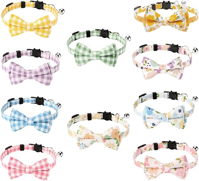 10 Pcs Spring Cat Collar Breakaway with Bow Tie and Bell Kitten Collars Removable Bowtie Plaid Flower Cat Collar for Cats Kittens Puppy(Flower)