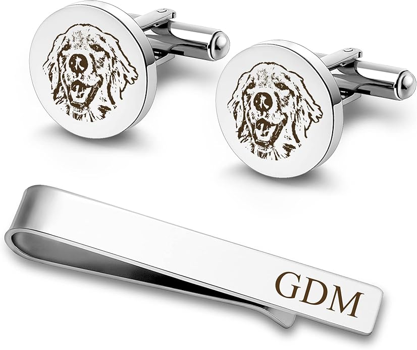 Anavia Pet Portrait & Handwriting Cufflinks Tie Clip Gift Box Set, Personalized Sketch Style Photo Engraving Men's Jewelry Accessories for Father Dad Brother Boyfriend Husband Wedding Birthday Gift
