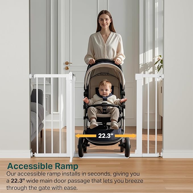 Cumbor 29.7-48" Baby Gate for Stairs, Mom's Choice Awards Winner-Dog Gates for Doorways, Auto Close Safety Pet Gate for Dogs Indoor, Easy Install Pressure Mounted Child Gate with Walk Thru Door, White