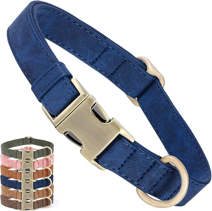 Genuine Leather Dog Collar - Adjustable Pet Collar with Quick Release Metal Buckle, Soft Skin Friendly Real Leather Collar for Small, Medium, Large Dogs (Blue, M：Fit 12-20" Neck)
