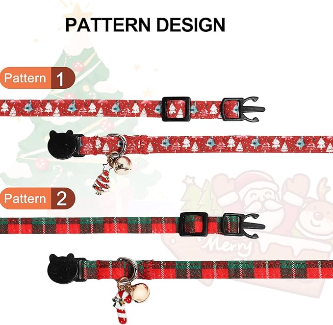 Lionet Paws 2pcs Pack Christmas Cat Collarr,Christmas Tree & Red Green Plaid Cat Kitten Collars with Breakaway Buckle,Ideal for Girl Cats