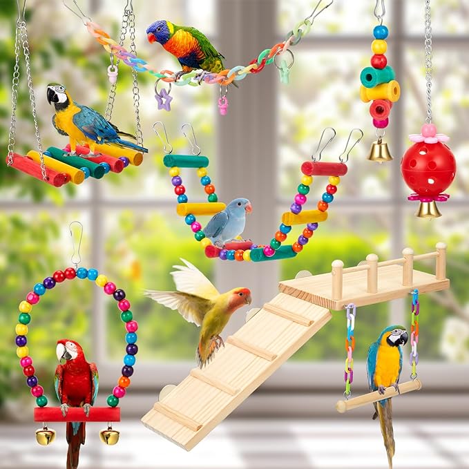 12 Pcs Parakeet Cockatiel Bird Toys, Bird Toys for Parakeets, Cockatiel Cage Accessories, Perches Parrot Ladders for Hanging Swinging Standing Chewing Climbing Training (Basic Style)