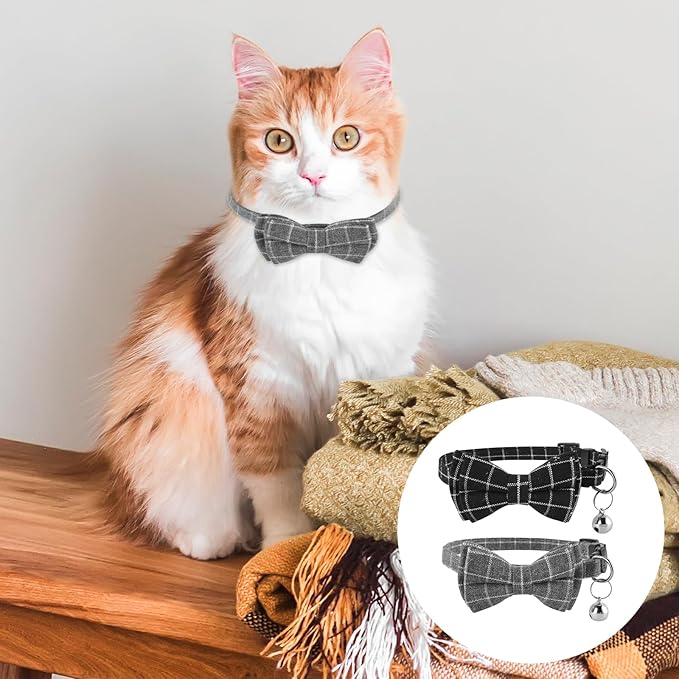 Jeffdad 2Pcs Cat Collar Breakaway, Cat Collar with Bells Bowtie Plaid Cat Collar Adjustable for Kitten Puppy and Small Pets (Black and Gray Plaid)
