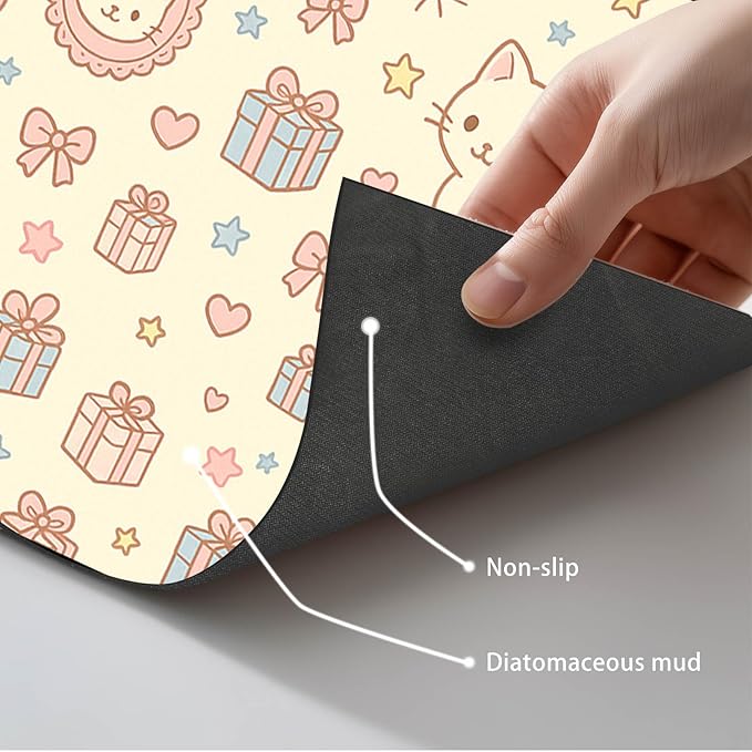 Cute Cat Pet Feeding Mat Adorable Kitten Food Placemat with Gift Bow and Star Print for Dogs and Cats Sweet Non Slip Mat for Dog Cat Food and Water Bowls Home Kitchen Decoration 20" x 12"
