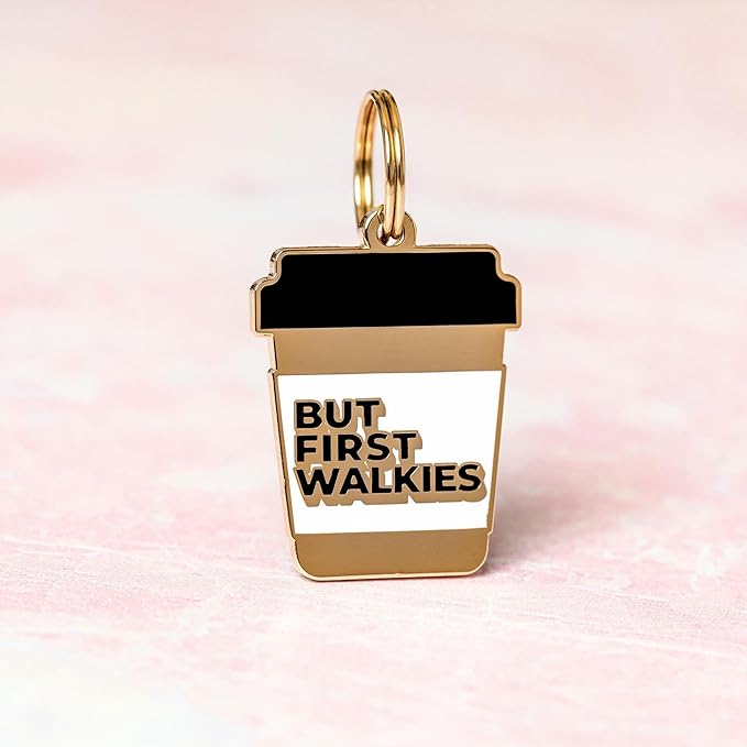 Two Tails Pet Company Personalized 'But First Walkies' Pet ID Tag & Collar Charm - Custom Engraved Dog Tags for Pets - Luxury Brass, Gold Plating