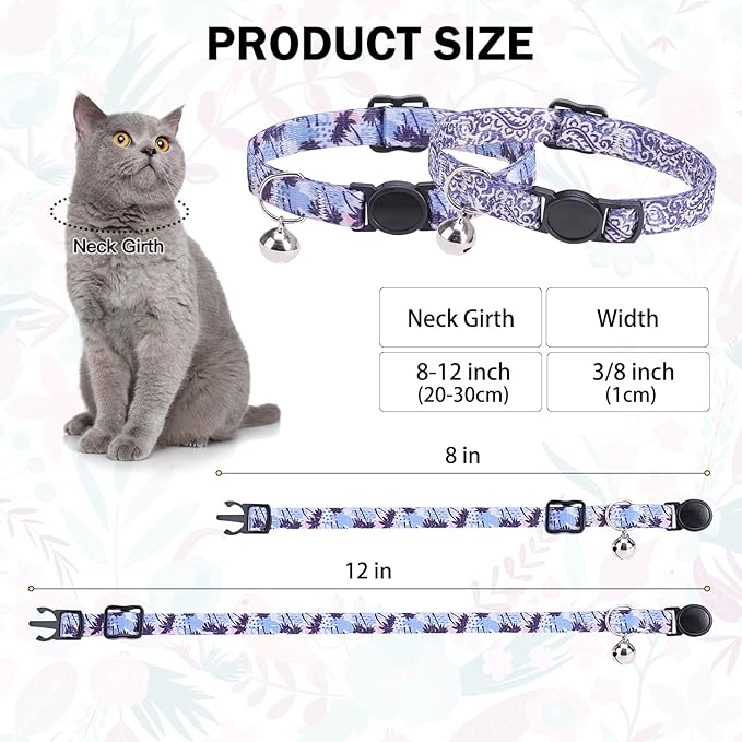 Breakaway Cat Collars for Girl Boy Cats, Spring Summer All Weather Cat Collar Personalized Pattern 2 Pack,Cute Classic Safety Buckles and Bells,Adjustable Printed Nylon Colorful Kitten Collar