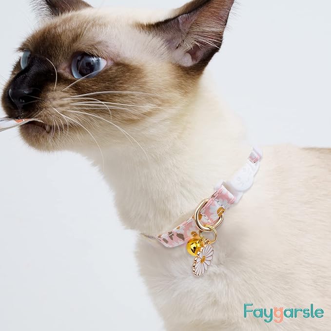 Faygarsle 3 Pack Cotton Safe Breakaway Cat Collars with Bell Daisy Charm Green Orange Pink Kitty Kitten Cute Cat Collars for Girl Cats Female Cats