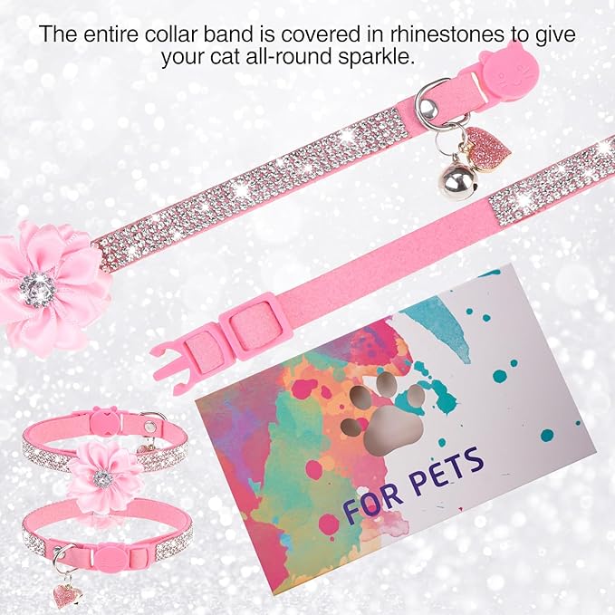Rhinestone Cat Collar Breakaway with Bell, Diamond Cat Collar with Safety Buckle Quick Release for Girl Boy Small Kitten Pets Puppy,Cute Soft Cat Collars, Color Flower Pink 8-12"