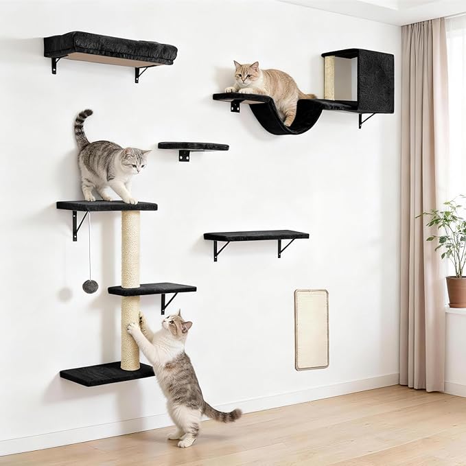 Cat Wall Shelves, Stable & Safe 6 in 1 Cat Furniture Set Black, for Cats to Climb, Hide, Lounge, and Scratch