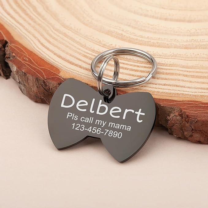Anavia Personalized Pet ID Tags, Stainless Steel Glossy Laser Engraved Dog Cat Collar Name Tags, Multiple Colors Shapes Sizes (Bow Tie, Small)