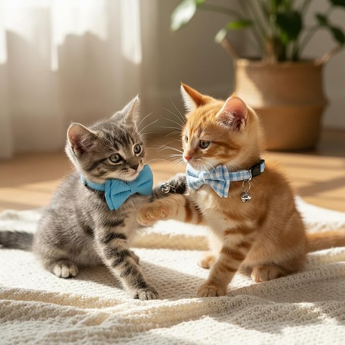 3pcs Bow Tie Cat Collar with Bells, Breakaway Bowtie Plaid Cat Collar, Soft Adjustable Bow Cats Collars for Kitten Puppy and Small Pets