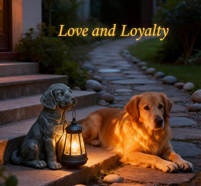 Lyeasw Solar Dog Statues with Lantern – Waterproof Outdoor Dog Figurines for Garden, Yard & Porch, Auto On/Off Solar Light, Birthday for Mom & Dog Lovers