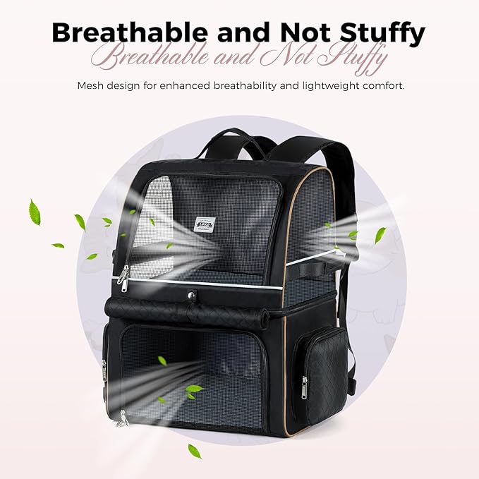 Lekebobor Double Cat Backpack Carrier for 2 Cats, Double-Compartment Pet Carrier Backpack for Two Small Cat or One Medium Cat, Cats Carrier Backpack Dog Carrier Backpack Fits Up to 24 Lbs,Black