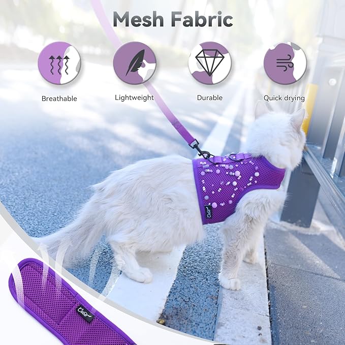 Cat Harness and Leash for Walking Escape Proof Breathable Mesh Fabric, Purple, Large, Adjustable Cat Walking Jackets with DIY Beads, Padded Stylish Cat Vest