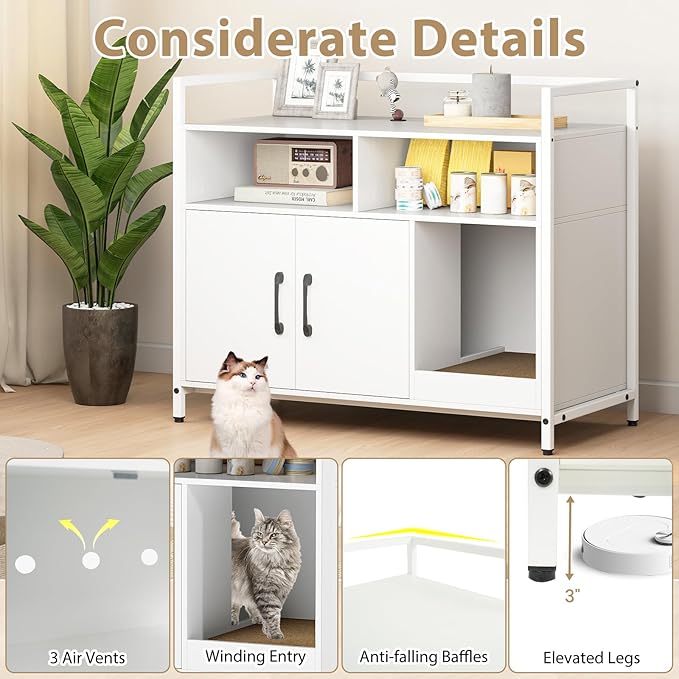 Giantex Cat Litter Box Enclosure - Cat Washroom Hidden Furniture with Front Entry, Scratcher, 2-Door Storage Cabinet, 2 Compartments, Air Vents, Metal Frame, Wooden Pet Crate House (White)